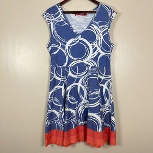 Krimson Klover Women's XL Fit Flare Dress Blue White Circle Print Colorblock Hem